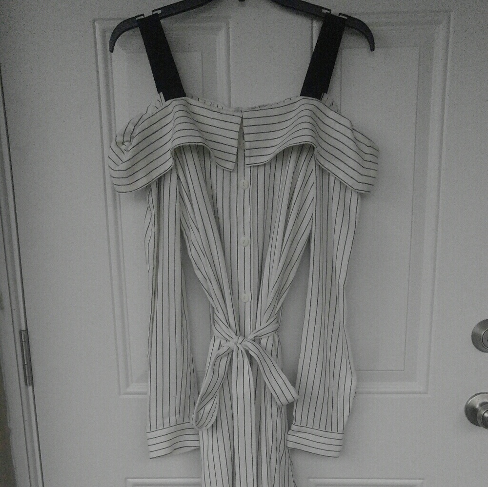 Pinstripe cold shoulder button up dress